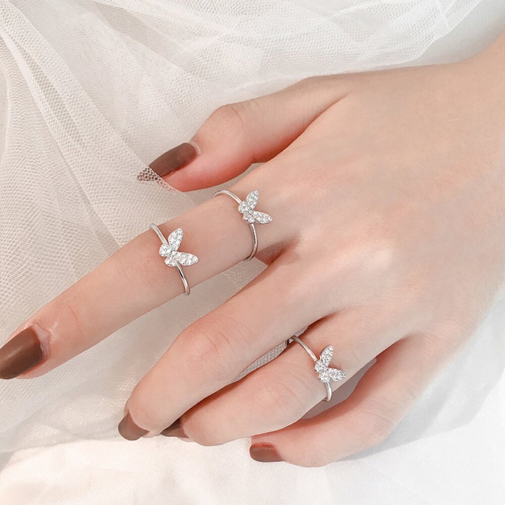 NEW 925 Sterling Silver Diamond Butterfly Adjustable Ring